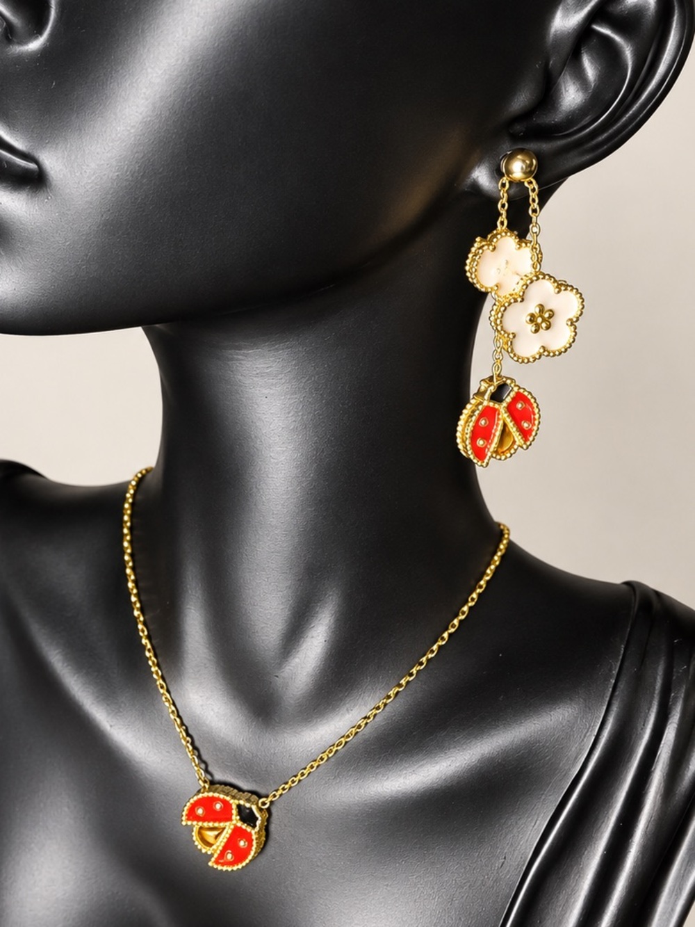 Gold-Tone Red Enamel Ladybug Pendant Necklace and Earrings Set